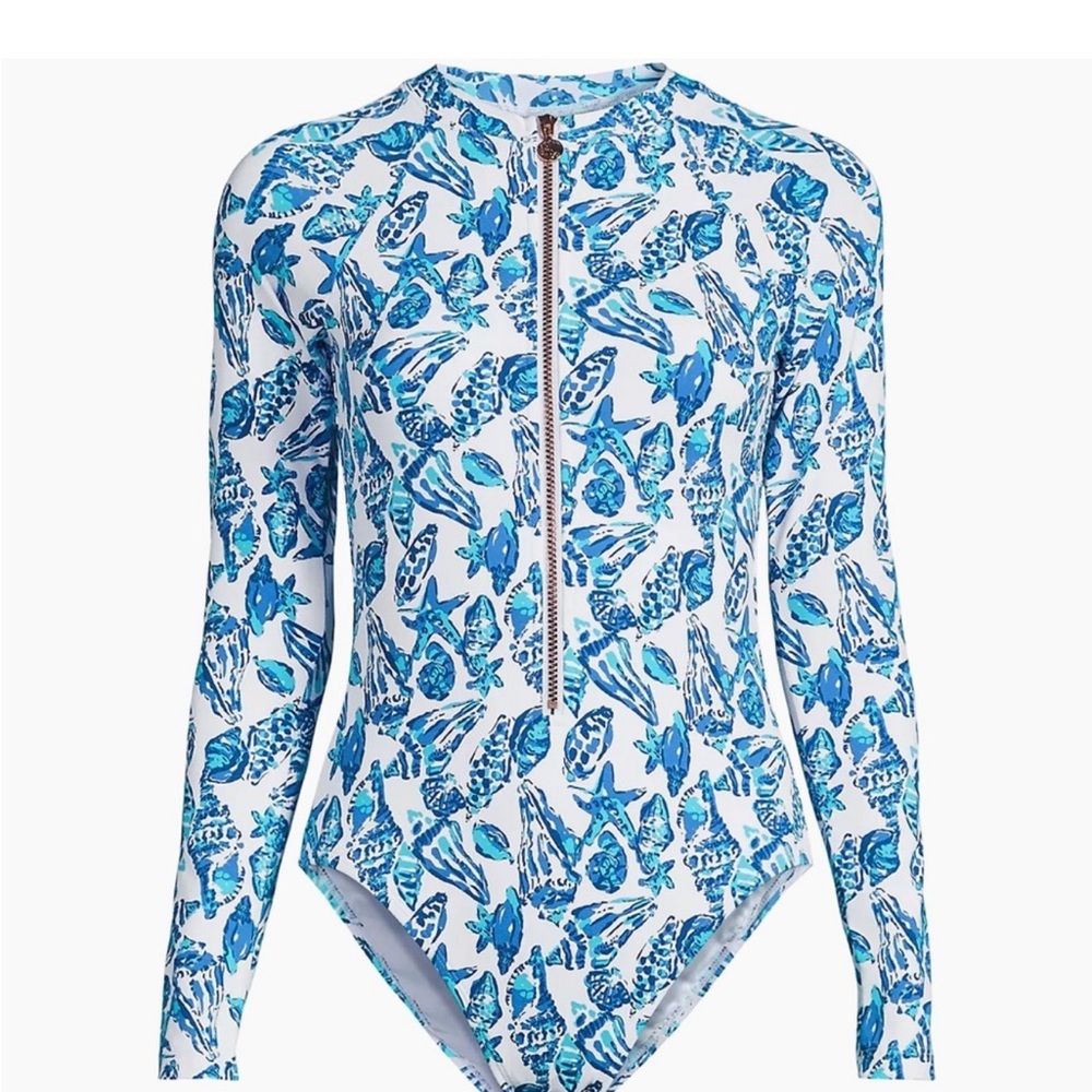 Lilly Pulitzer Blue and White Randee Rash guard Shell Collector Swimsuit